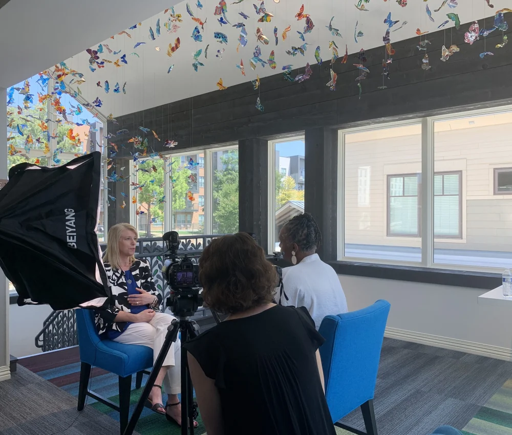 A television interview being filmed at Ronald McDonald House Dallas